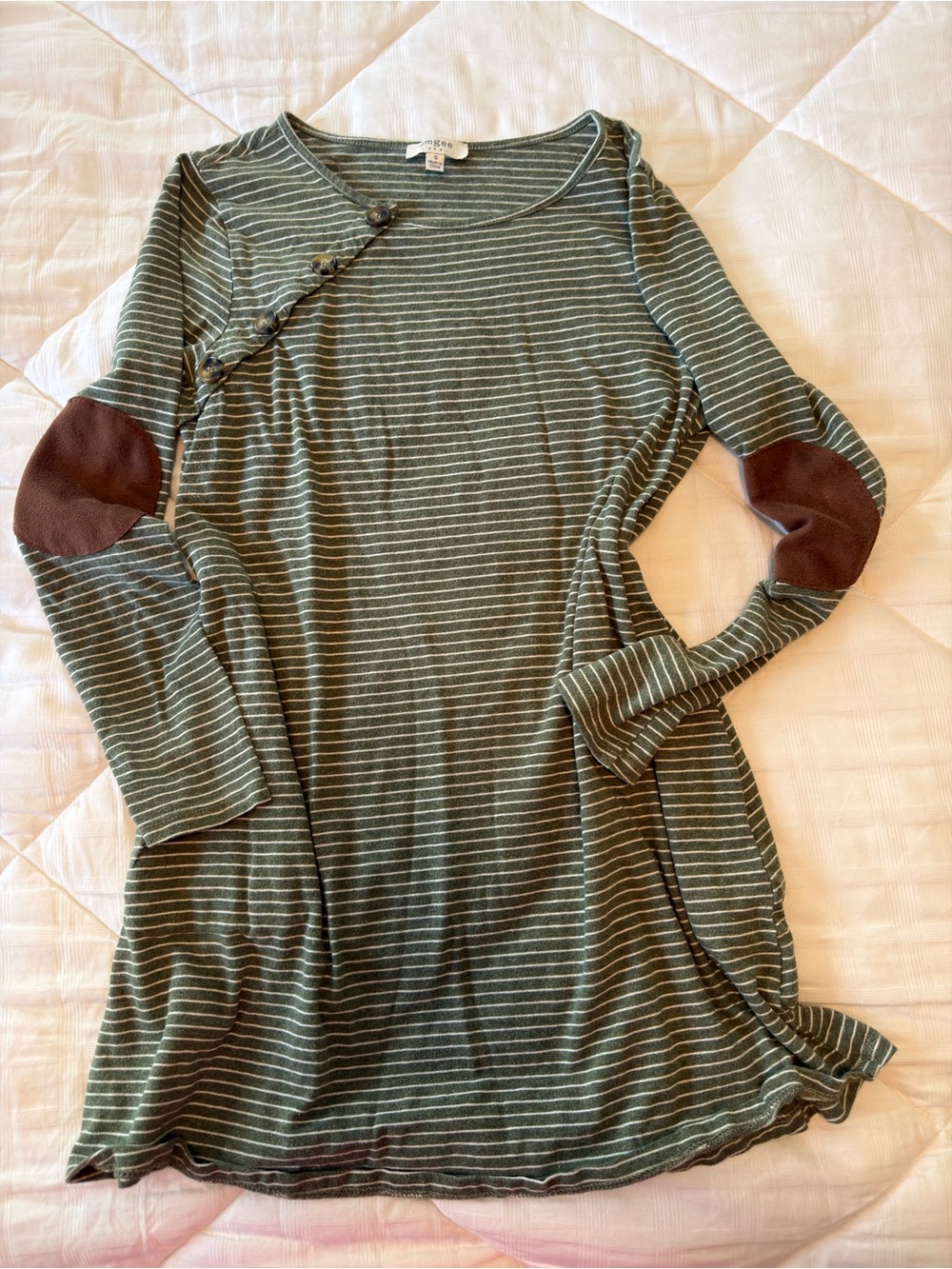 Umgee Olive Green Striped Long-Sleeve Tunic Dress with Brown Elbow Patches